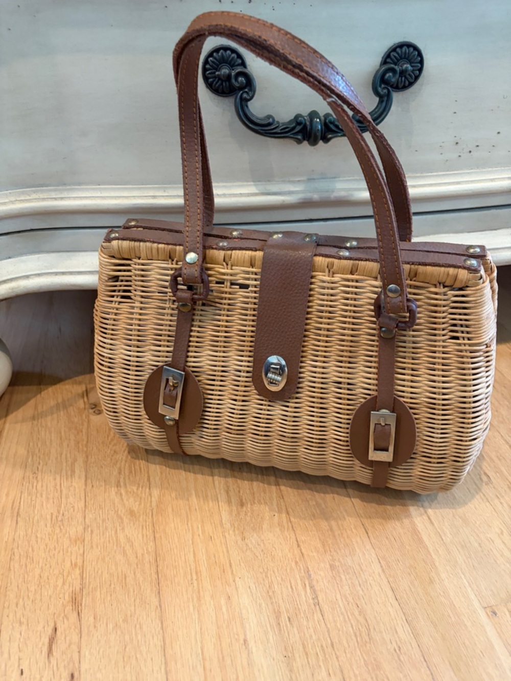 Woven Straw Tote with Brown Leather Trim